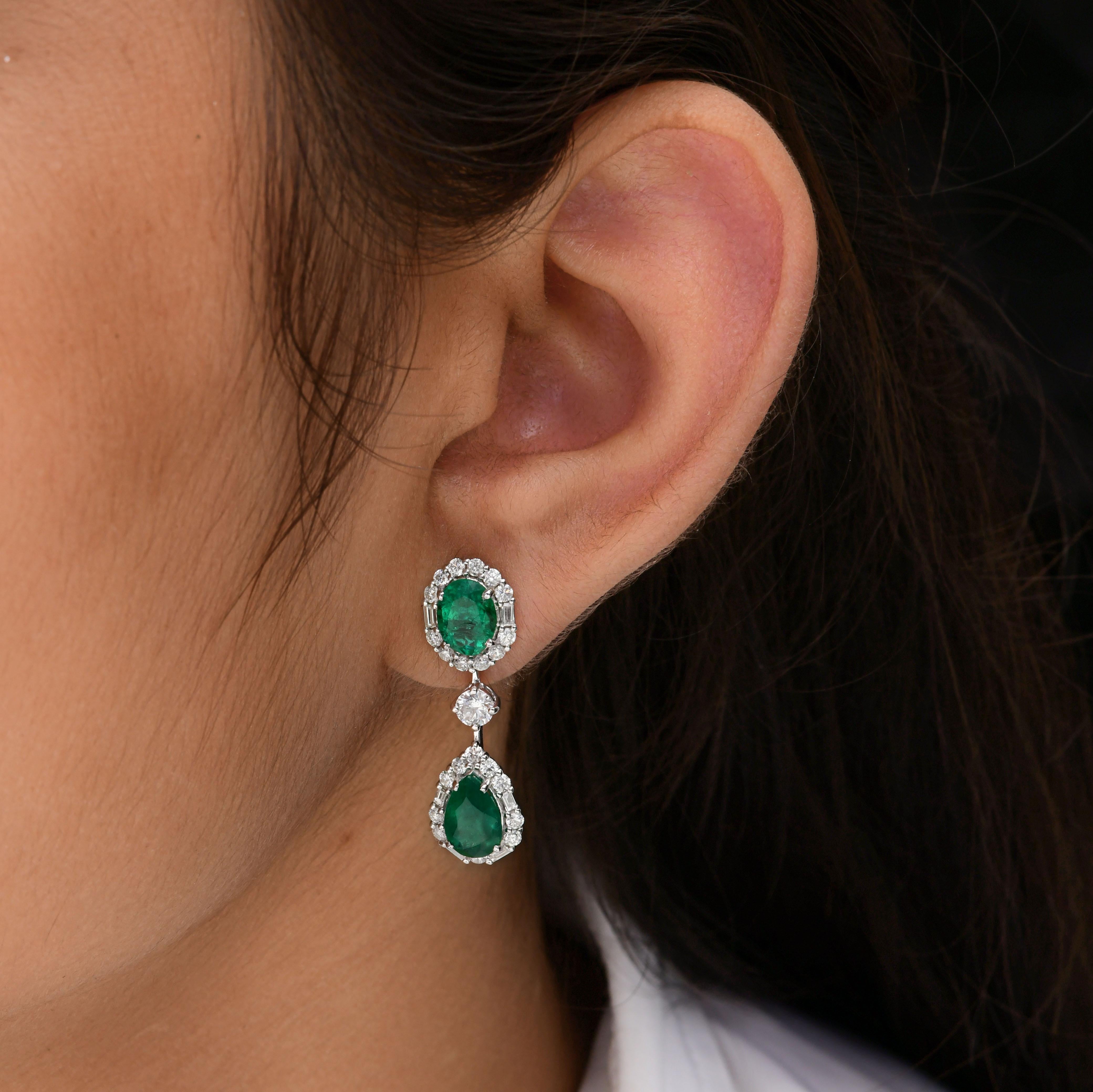 Oval Cut Zambian Emerald Gemstone Dangle Earrings SI/H Diamond 14k White Gold Jewelry For Sale