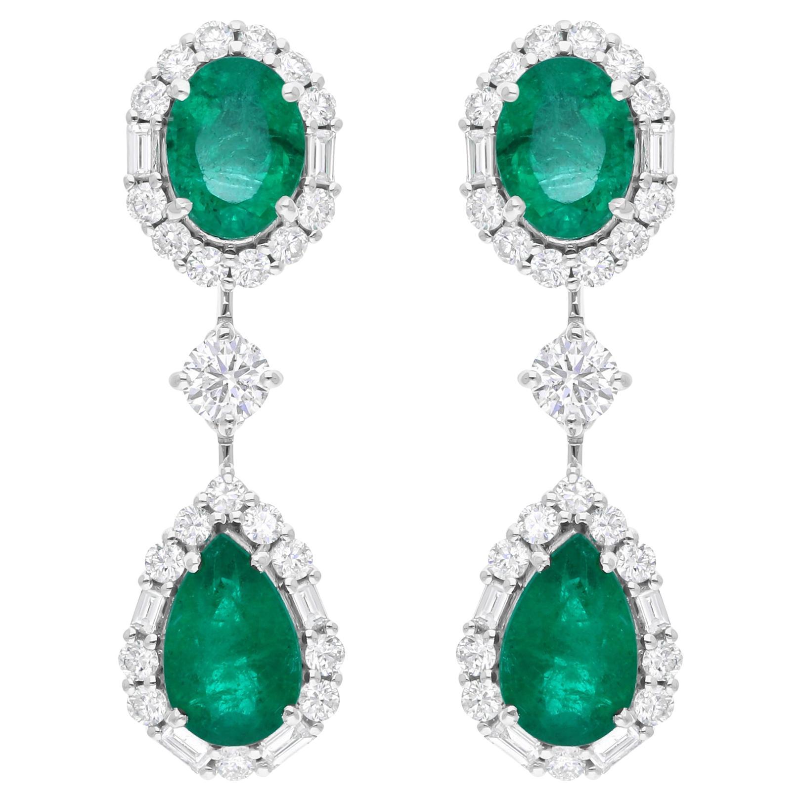 Zambian Emerald Gemstone Dangle Earrings SI/H Diamond 14k White Gold Jewelry