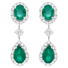Pendientes Colgantes de Esmeralda de Zambia SI/H Diamante Joyas de Oro Blanco de 14k