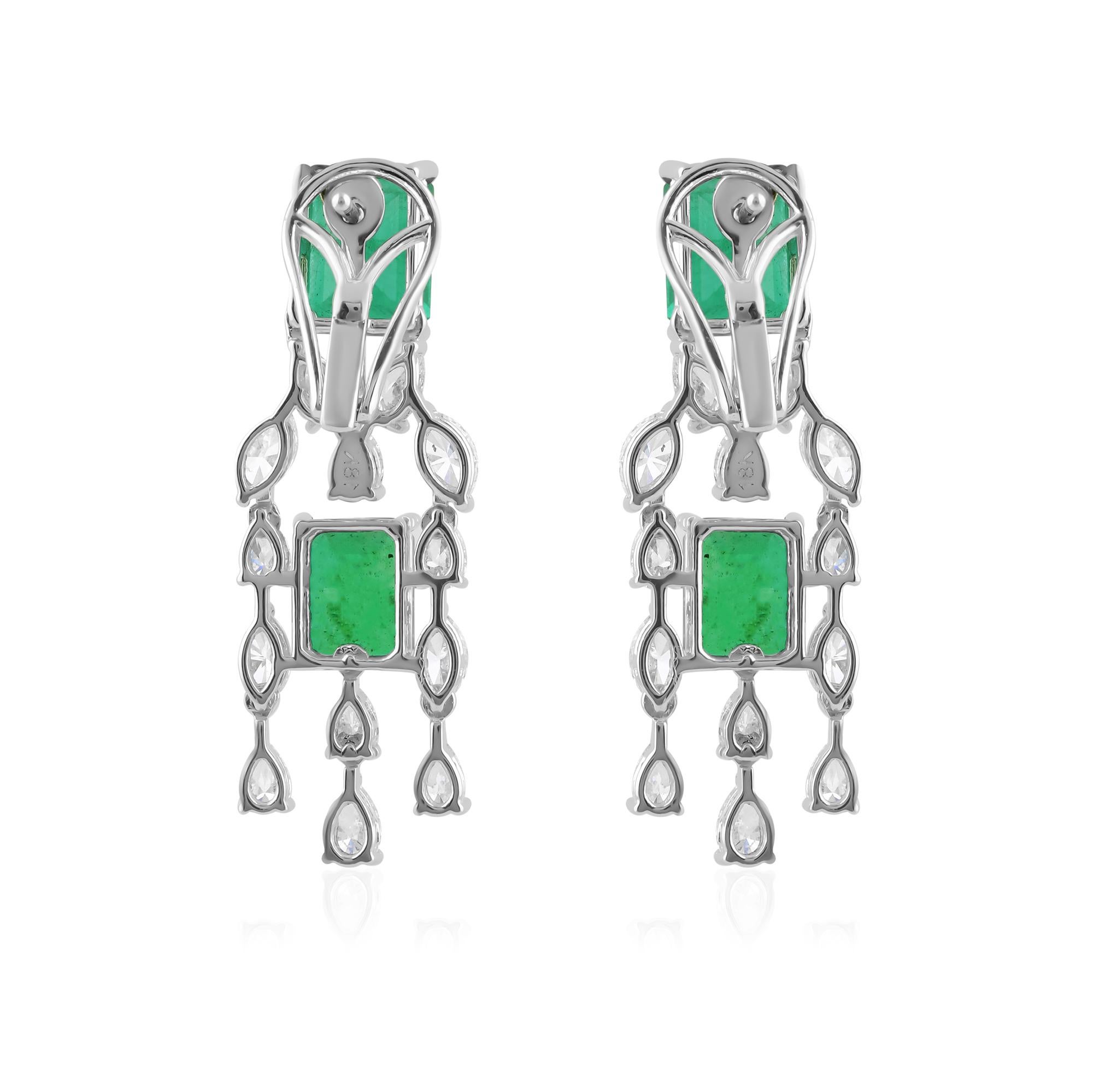 Modern Zambian Emerald Gemstone Dangle Earrings SI/H Diamond 18k White Gold Jewelry For Sale