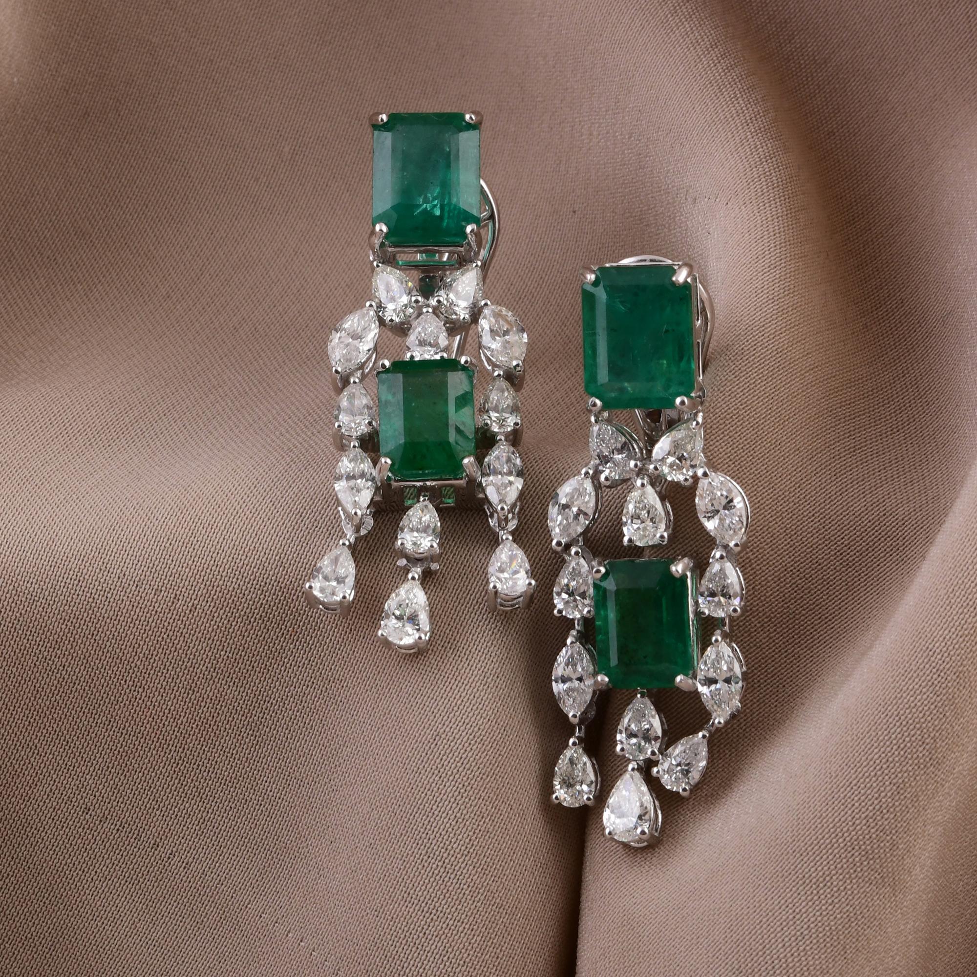 Emerald Cut Zambian Emerald Gemstone Dangle Earrings SI/H Diamond 18k White Gold Jewelry For Sale