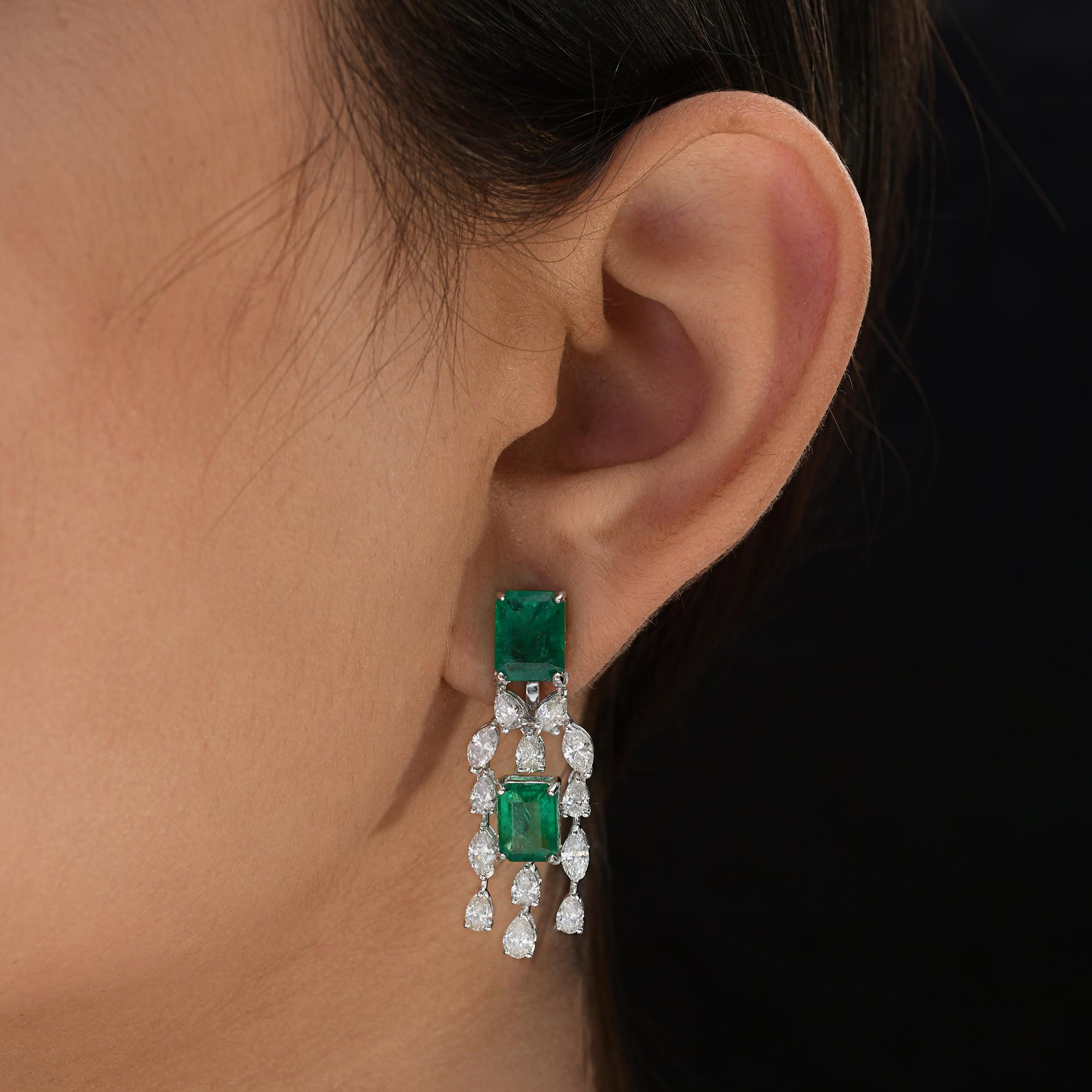 Women's Zambian Emerald Gemstone Dangle Earrings SI/H Diamond 18k White Gold Jewelry For Sale