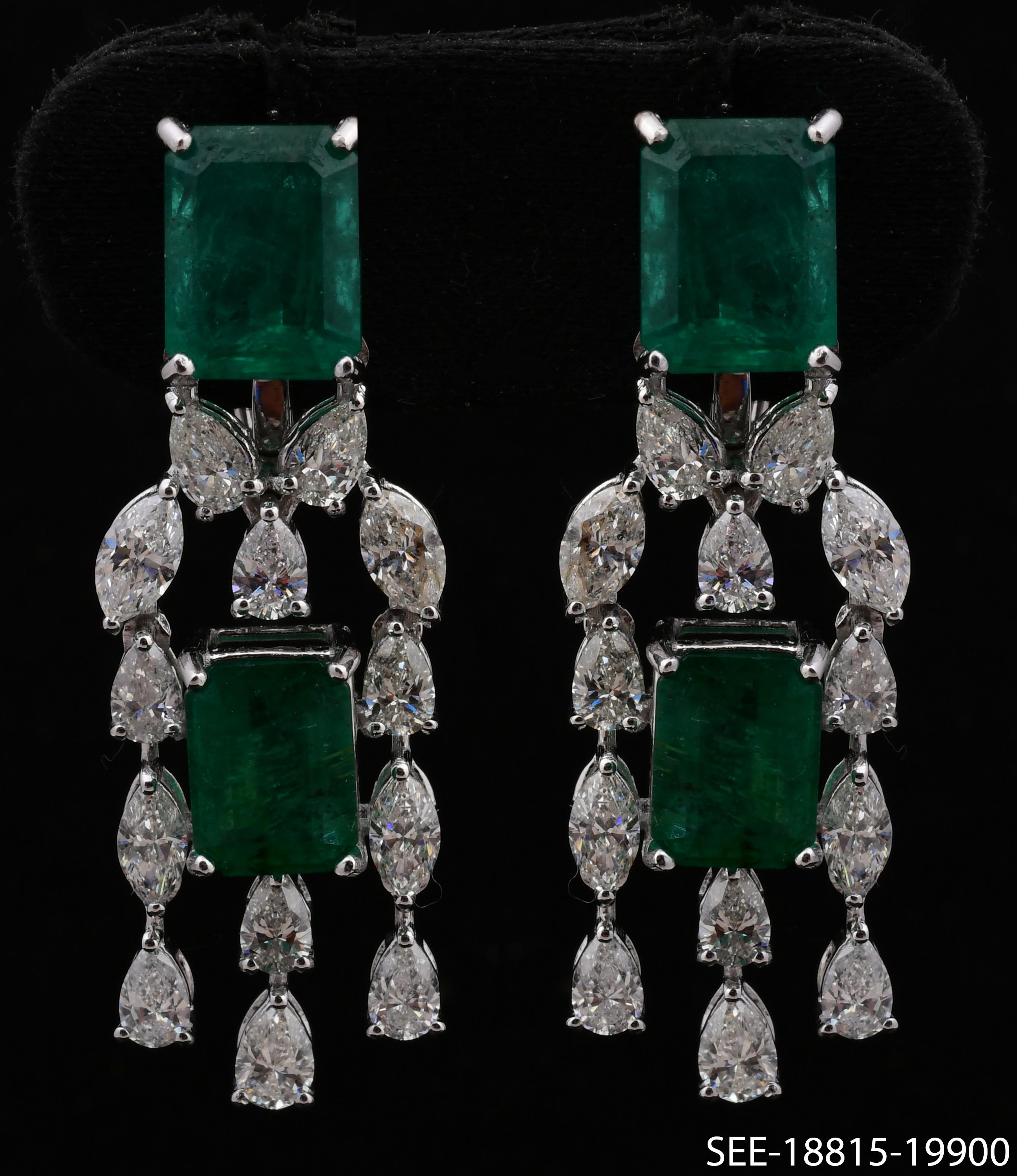 Zambian Emerald Gemstone Dangle Earrings SI/H Diamond 18k White Gold Jewelry For Sale 1