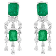 Zambian Emerald Gemstone Dangle Earrings SI/H Diamond 18k White Gold Jewelry