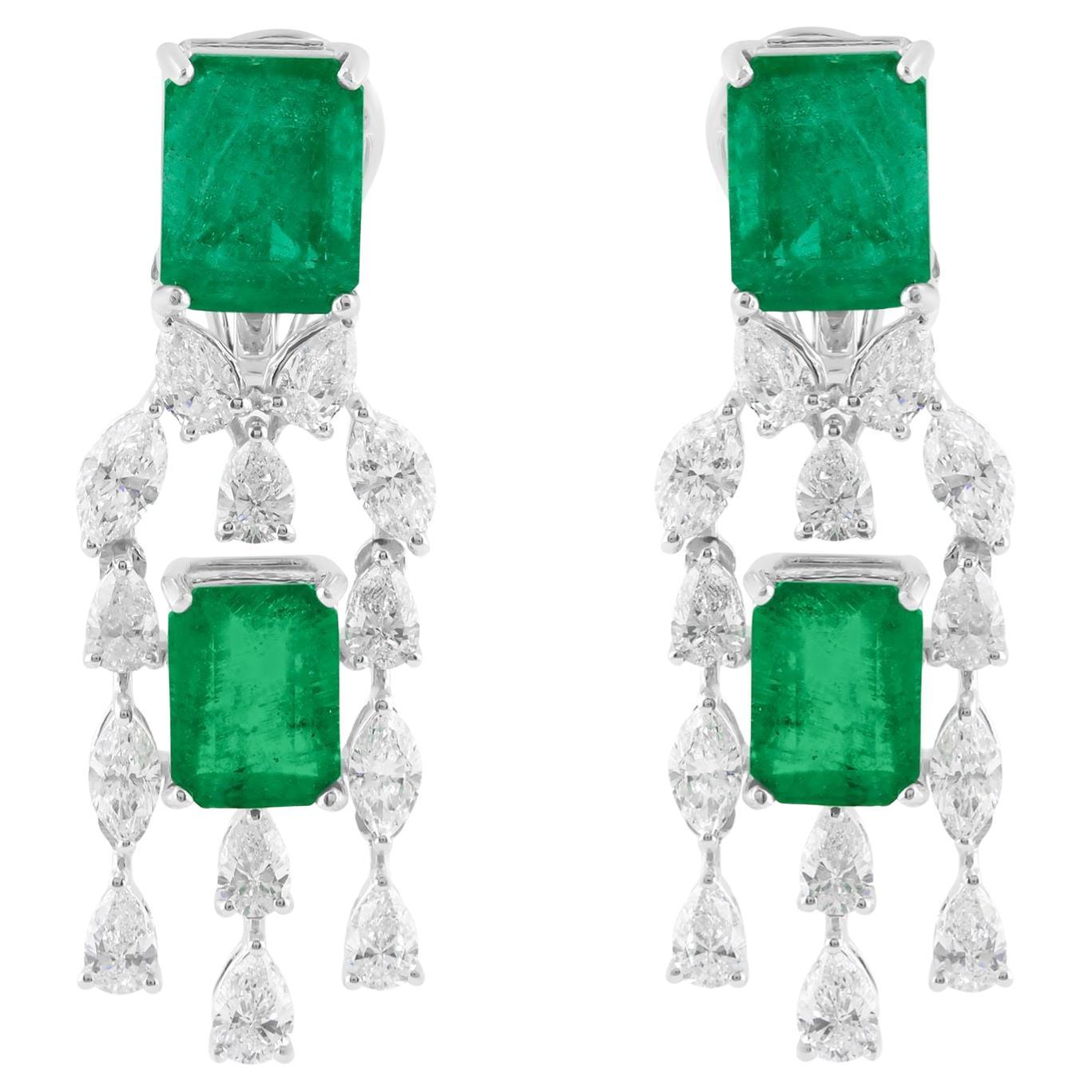 Zambian Emerald Gemstone Dangle Earrings SI/H Diamond 18k White Gold Jewelry For Sale