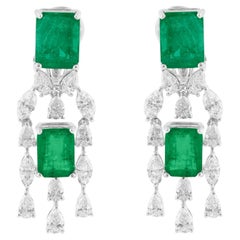 Zambian Emerald Gemstone Dangle Earrings SI/H Diamond 18k White Gold Jewelry