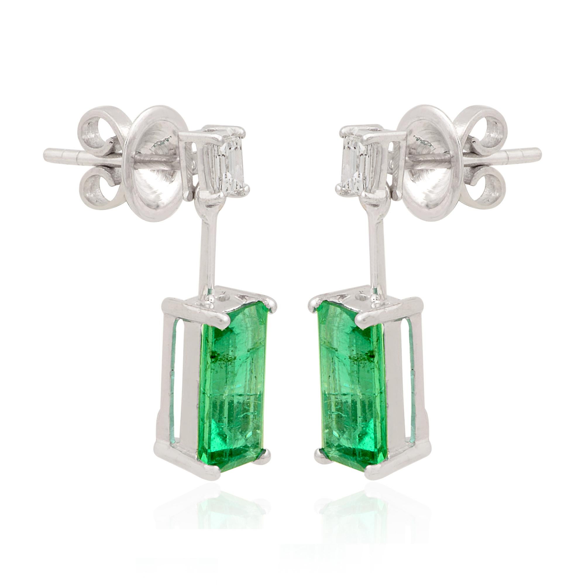 Emerald Cut Natural Emerald Gemstone Dangle Earrings Solid 18k White Gold Diamond Jewelry For Sale