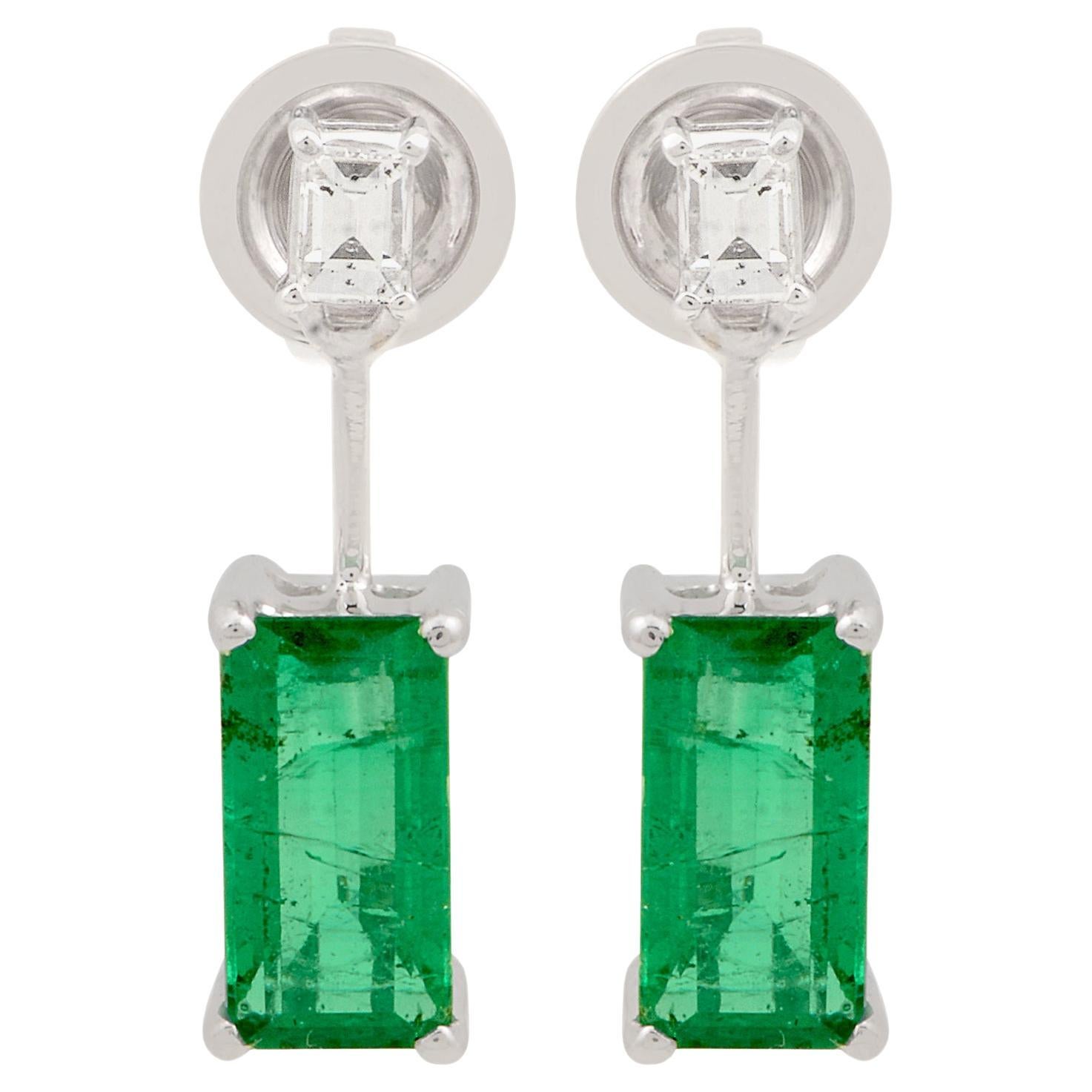 Natural Emerald Gemstone Dangle Earrings Solid 18k White Gold Diamond Jewelry For Sale