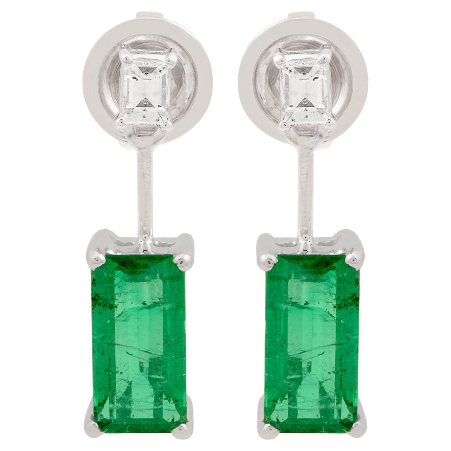 Pendientes colgantes de esmeralda natural Oro blanco macizo de 18k Joyas con diamantes