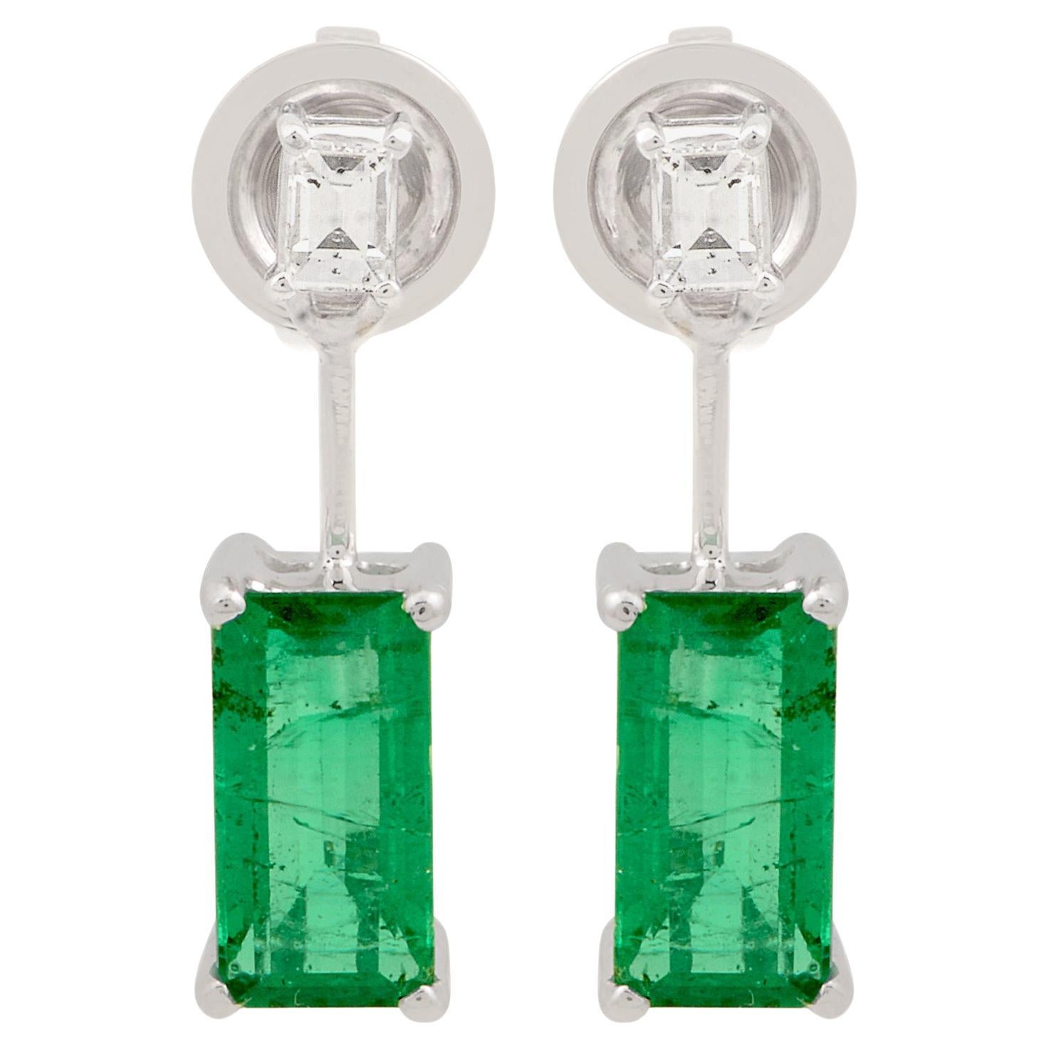 Natural Emerald Gemstone Dangle Earrings Solid 18k White Gold Diamond Jewelry