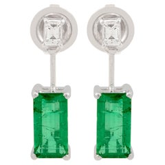 Natural Emerald Gemstone Dangle Earrings Solid 18k White Gold Diamond Jewelry