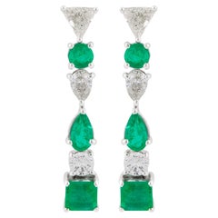 Zambian Emerald Gemstone Dangle Earrings Trillion Diamond Solid 18k White Gold