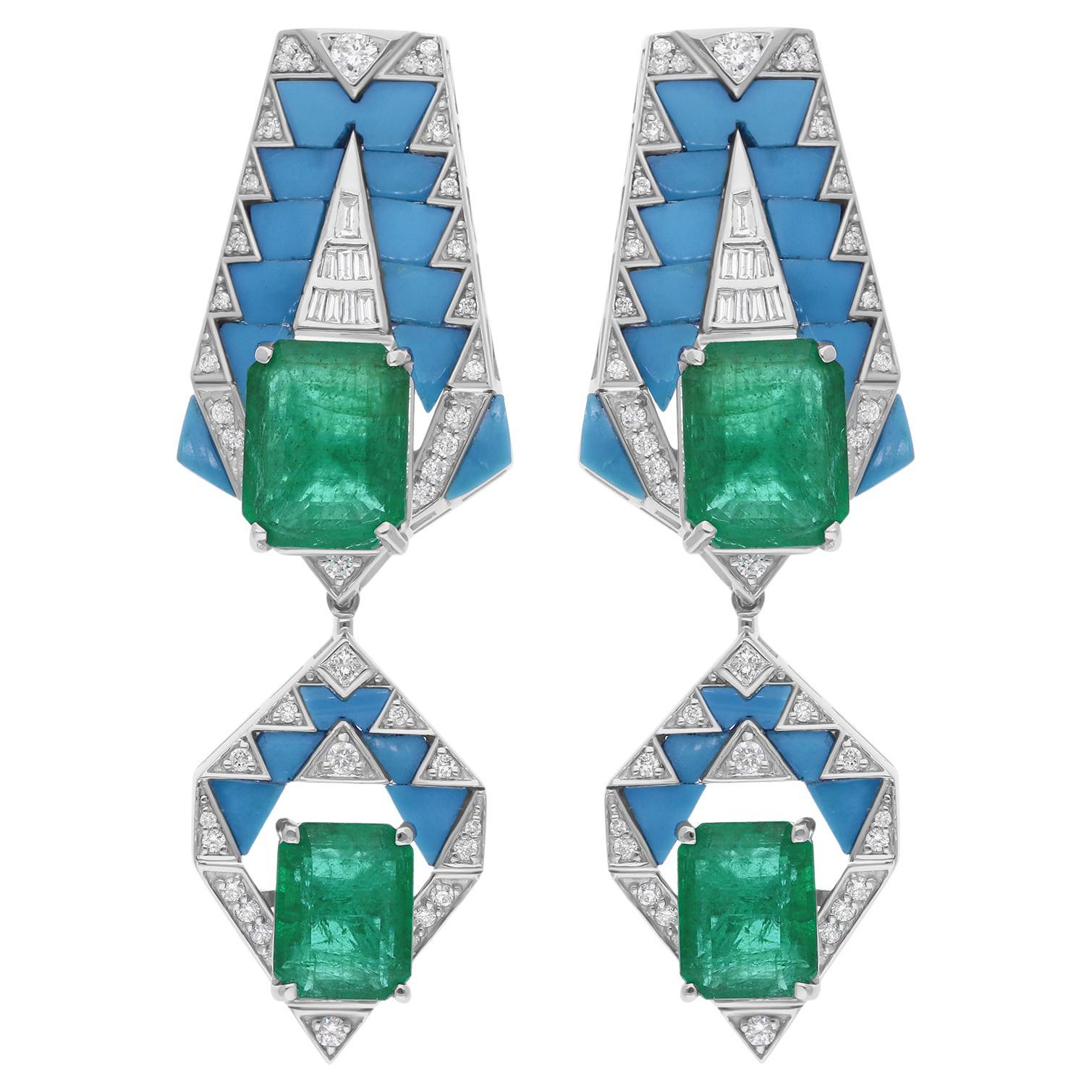 Orecchini pendenti con pietra smeraldo dello Zambia Diamante turchese Oro bianco 18 carati