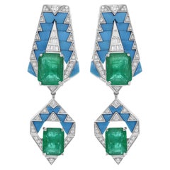 Zambian Emerald Gemstone Dangle Earrings Turquoise Diamond 18 Karat White Gold
