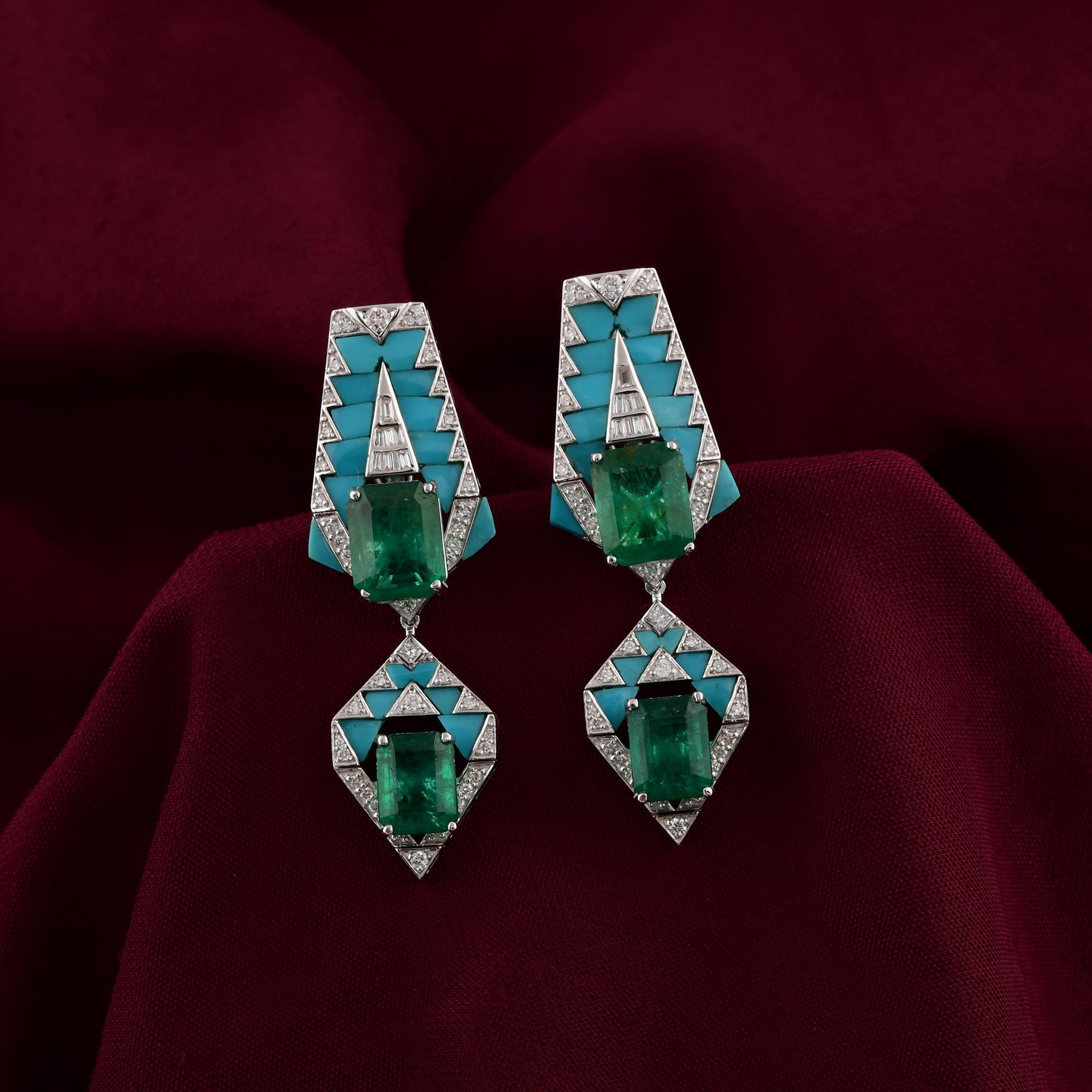 Taglio smeraldo Orecchini pendenti con pietra smeraldo dello Zambia Diamante turchese Oro bianco 18 carati in vendita