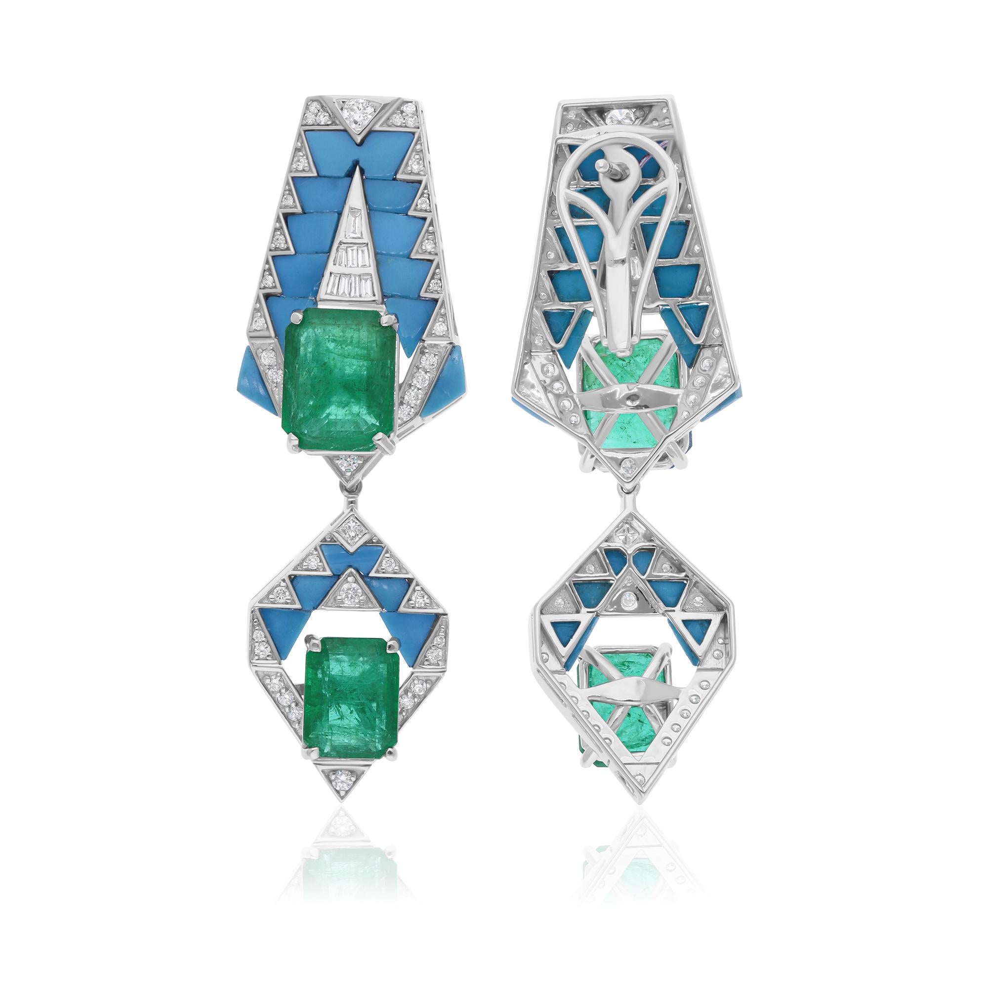 Taglio smeraldo Orecchini pendenti con pietra smeraldo dello Zambia Diamante turchese Oro bianco 18 carati in vendita