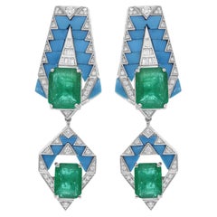Orecchini pendenti con pietra smeraldo dello Zambia Diamante turchese Oro bianco 18 carati