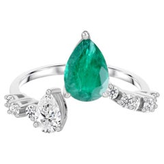 Zambian Emerald Gemstone Diamond Ring 18 Karat White Gold Jewelry