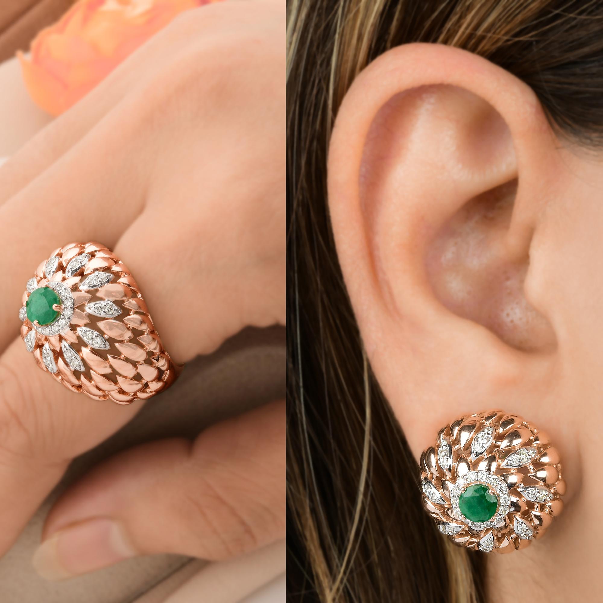 Round Cut Zambian Emerald Gemstone Dome Ring Diamond Pave Solid 14k Rose Gold Fine Jewelry For Sale