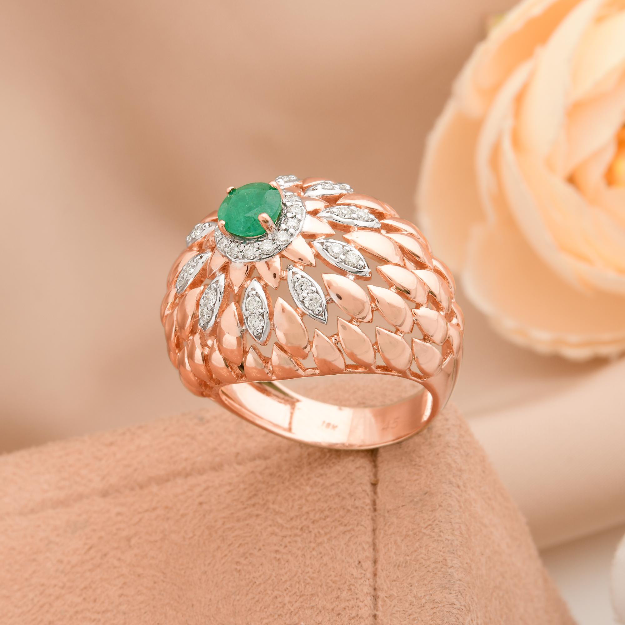 Zambian Emerald Gemstone Dome Ring Diamond Pave Solid 14k Rose Gold Fine Jewelry (bague en forme de dôme en émeraude zambienne, pavé de diamants, or rose massif) Pour femmes en vente