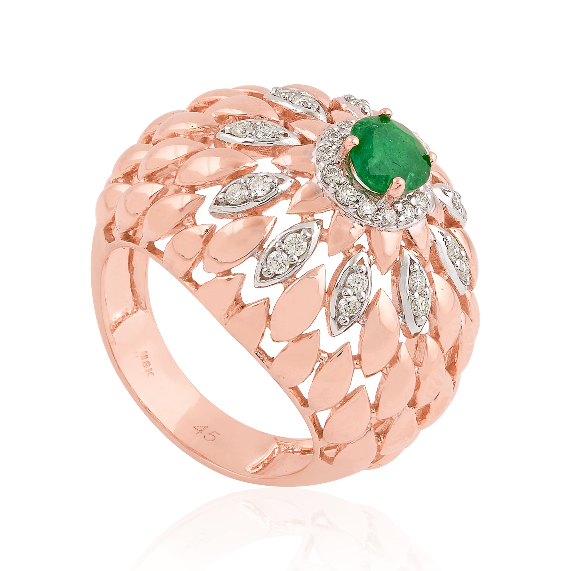 Zambian Emerald Gemstone Dome Ring Diamond Pave Solid 14k Rose Gold Fine Jewelry (bague en forme de dôme en émeraude zambienne, pavé de diamants, or rose massif) en vente 1
