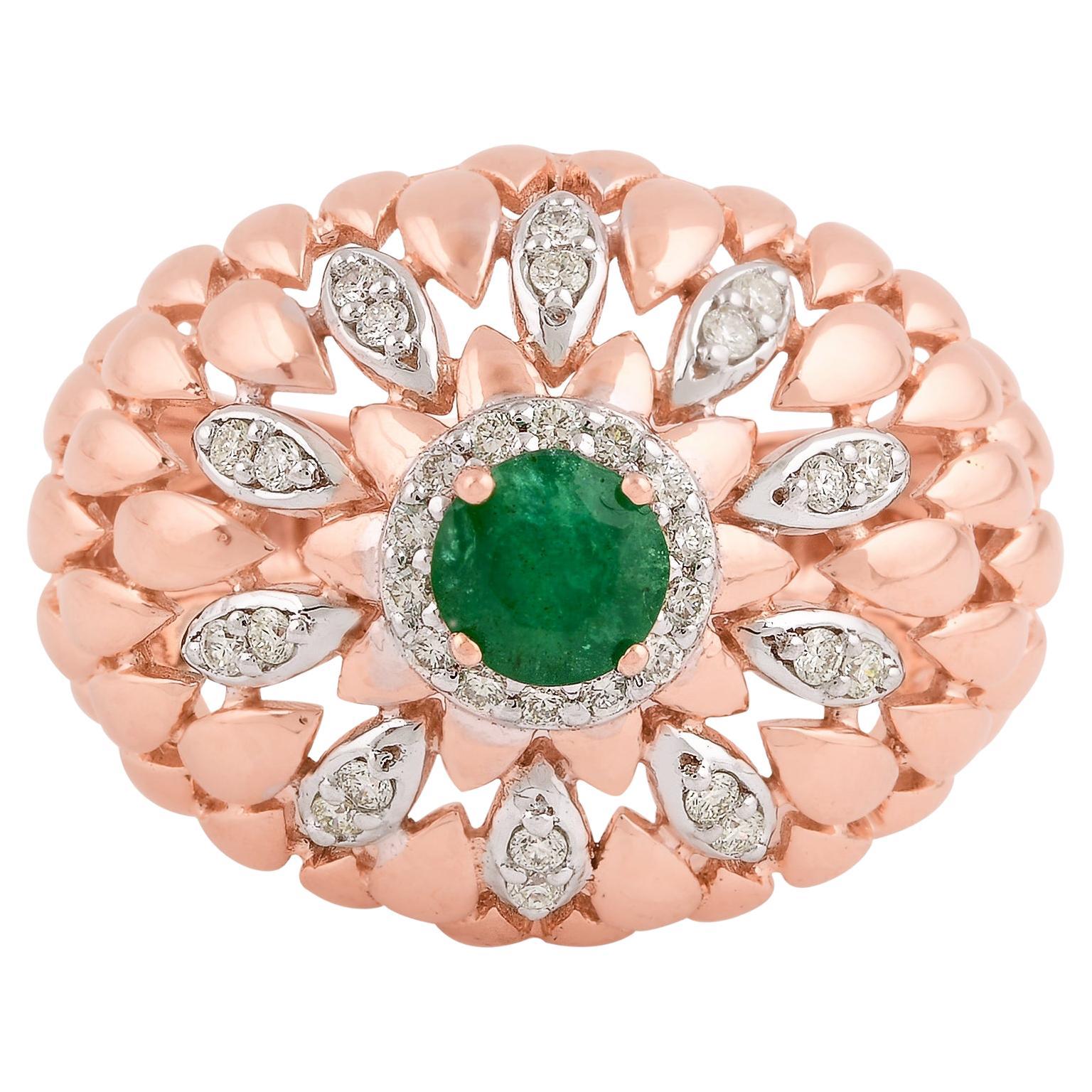 Zambian Emerald Gemstone Dome Ring Diamond Pave Solid 14k Rose Gold Fine Jewelry