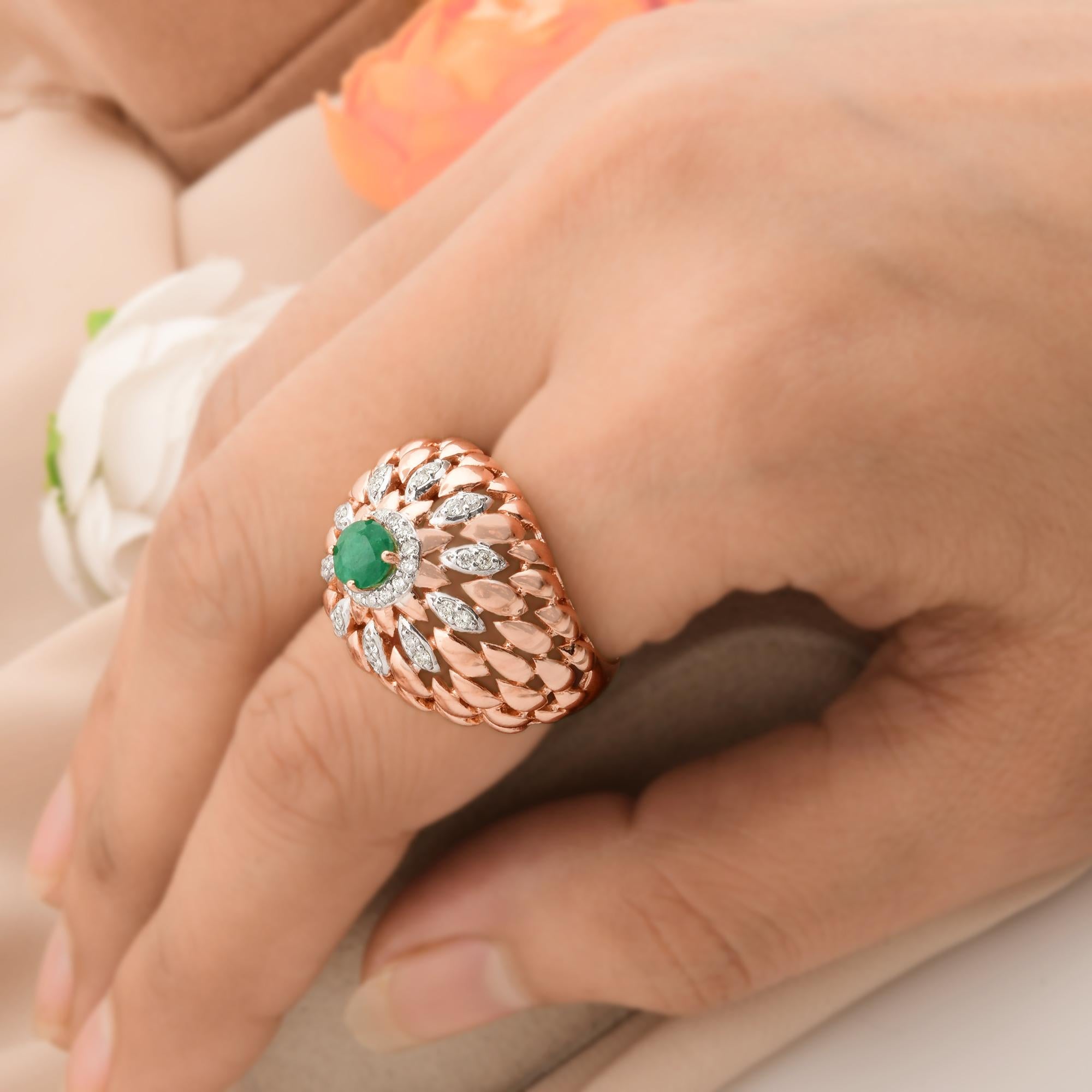 Esmeralda de Zambia Gemstone Dome Ring Diamond Pave Solid 18k Rose Gold Fine Jewelry Moderno en venta