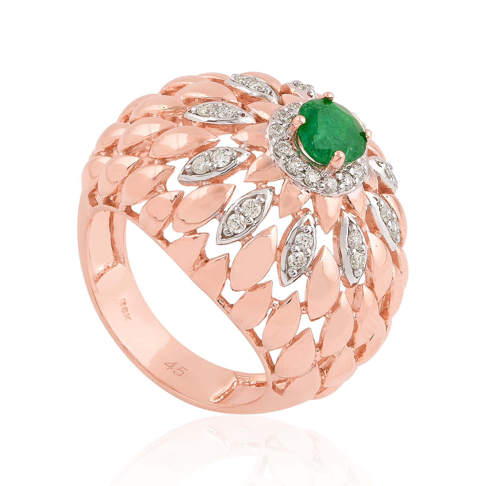 De las mujeres Esmeralda de Zambia Gemstone Dome Ring Diamond Pave Solid 18k Rose Gold Fine Jewelry en venta