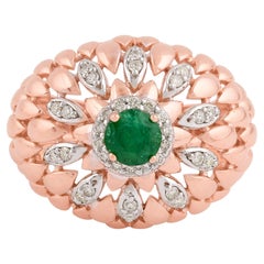 Esmeralda de Zambia Gemstone Dome Ring Diamond Pave Solid 18k Rose Gold Fine Jewelry