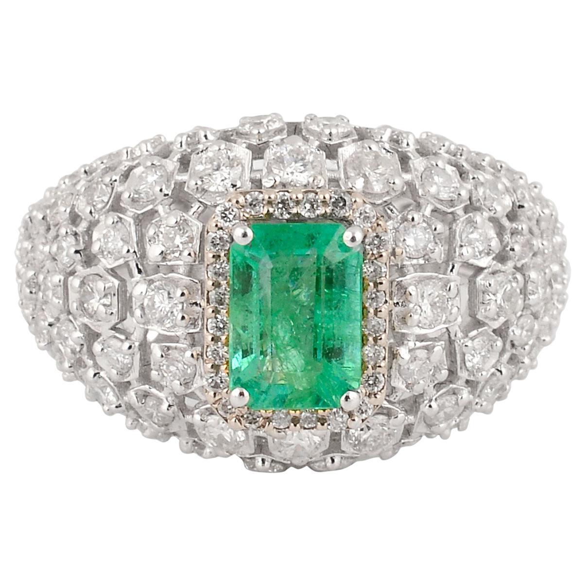 Natural Emerald Gemstone Dome Ring SI Clarity HI Color Diamond 14k White Gold