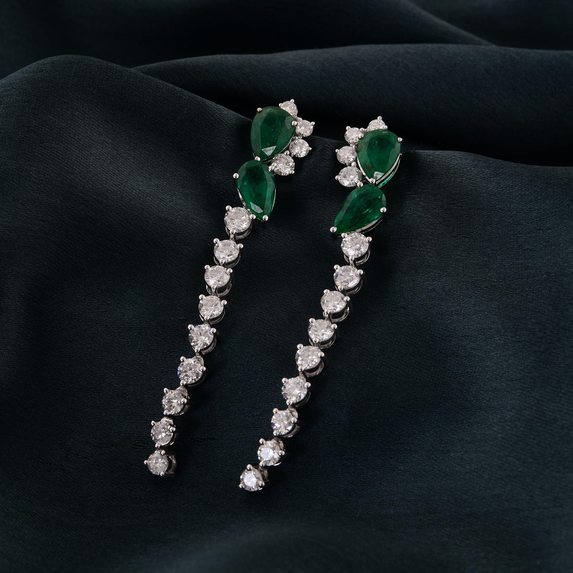 Modern Zambian Emerald Gemstone Drop Earrings Diamond 14 Karat White Gold Fine Jewelry For Sale