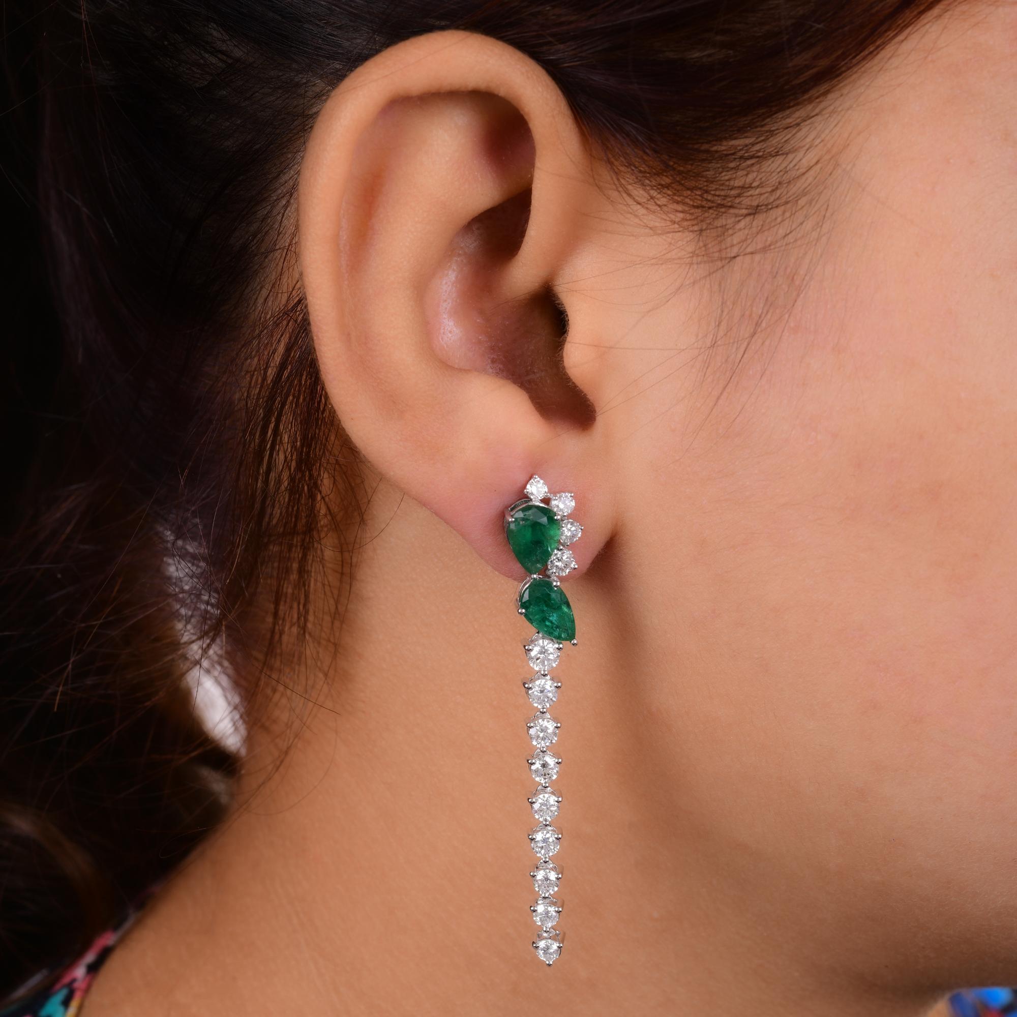 Pear Cut Zambian Emerald Gemstone Drop Earrings Diamond 14 Karat White Gold Fine Jewelry For Sale