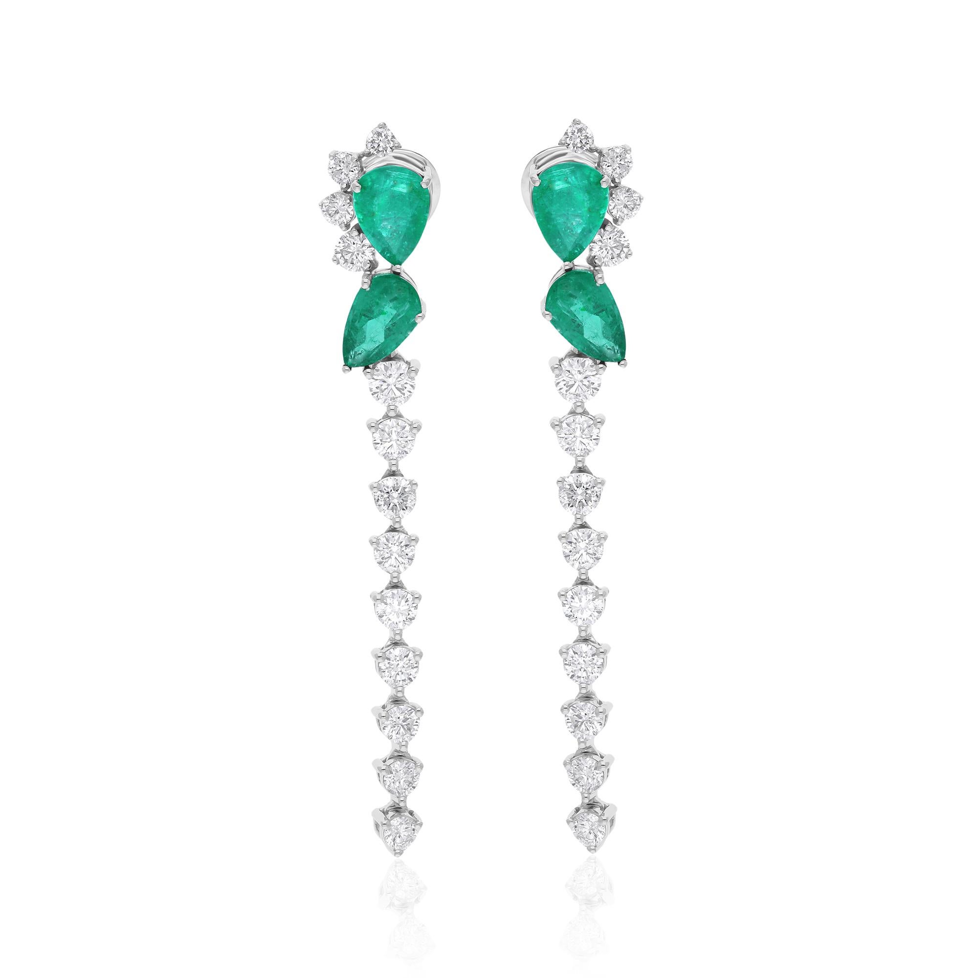 Women's Zambian Emerald Gemstone Drop Earrings Diamond 14 Karat White Gold Fine Jewelry For Sale