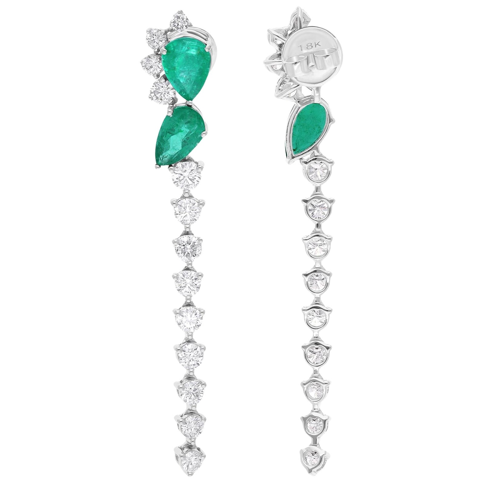 Boucles d'oreilles pendantes en pierre précieuse émeraude de Zambie Diamant Or blanc 14 carats Bijoux fins en vente