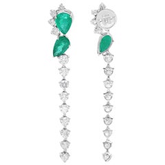 Boucles d'oreilles pendantes en pierre précieuse émeraude de Zambie Diamant Or blanc 14 carats Bijoux fins
