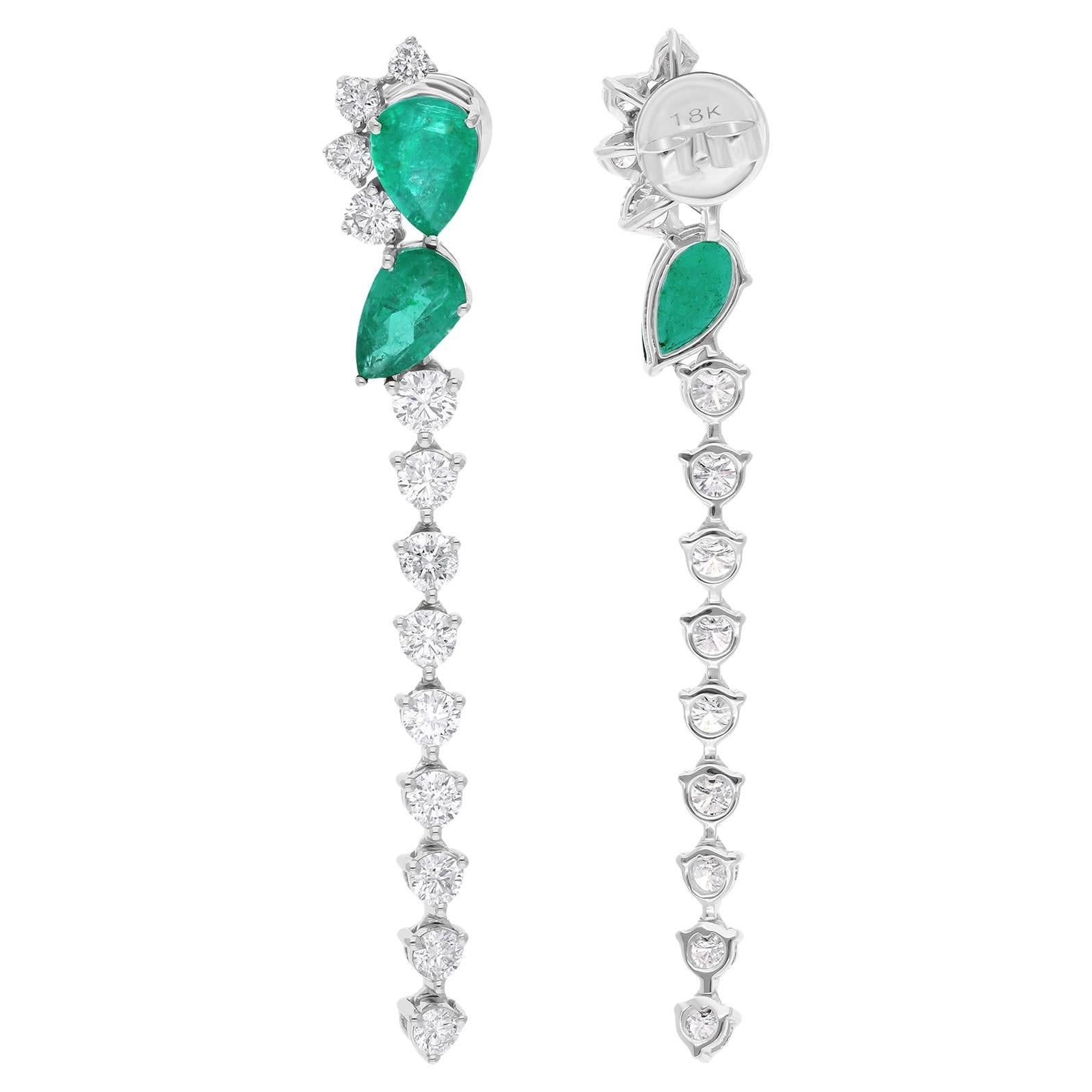 Real Zambian Emerald Gemstone Drop Earrings Diamond 18 Karat White Gold Jewelry