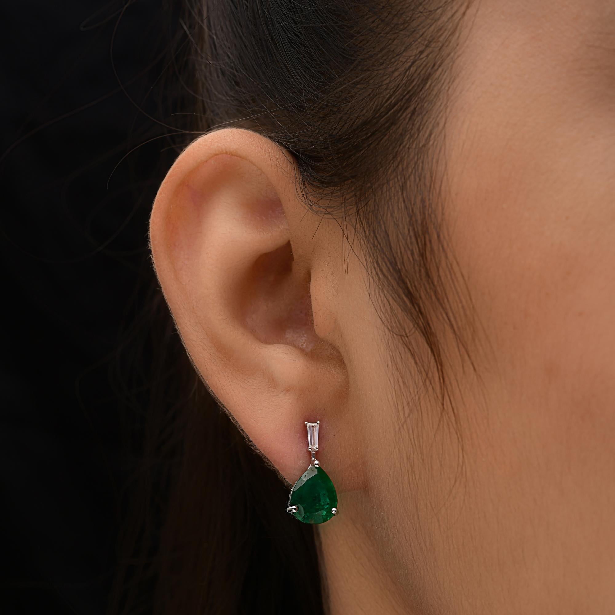 Modern Zambian Emerald Gemstone Earrings Baguette Diamond 14 Karat White Gold Jewelry For Sale