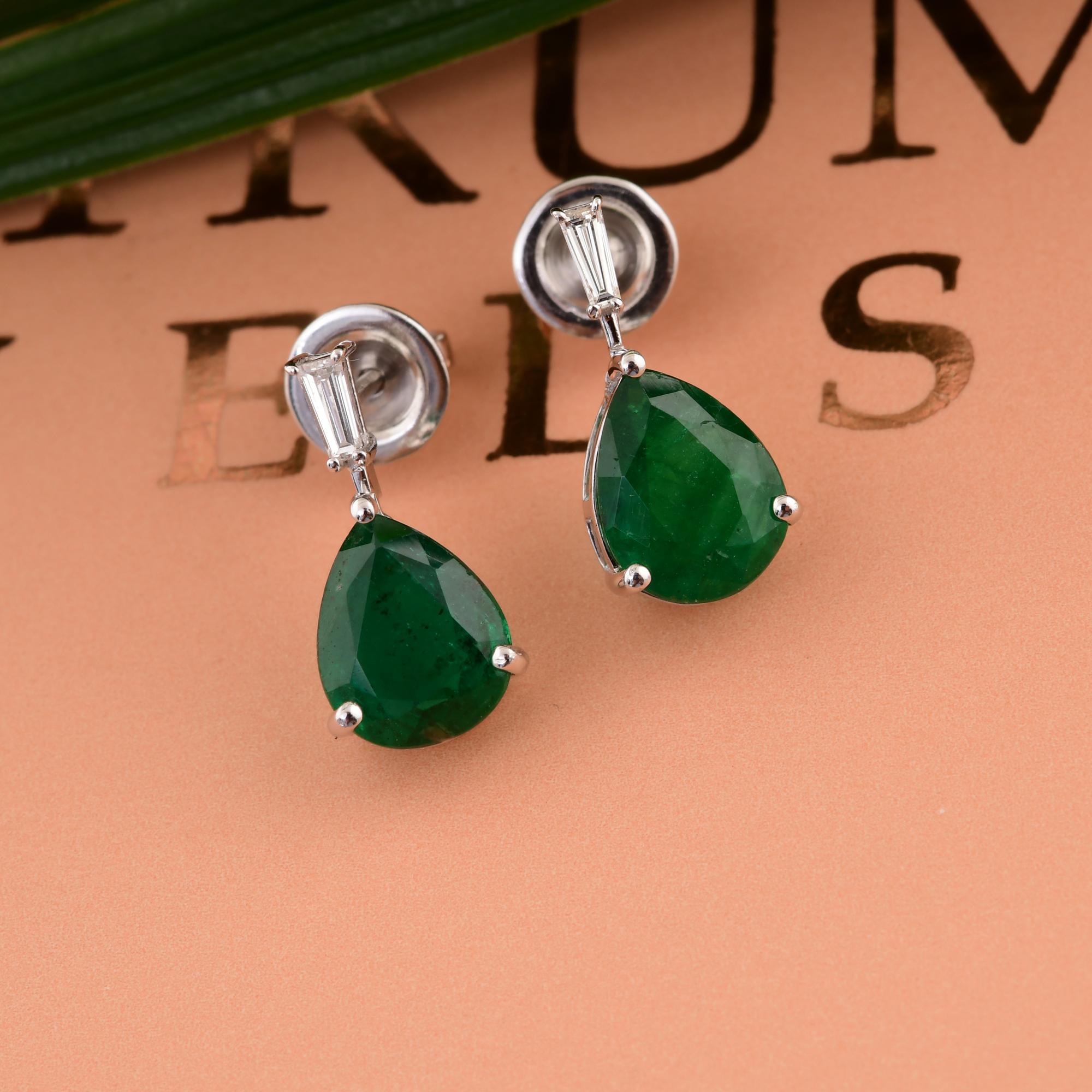 Pear Cut Zambian Emerald Gemstone Earrings Baguette Diamond 14 Karat White Gold Jewelry For Sale