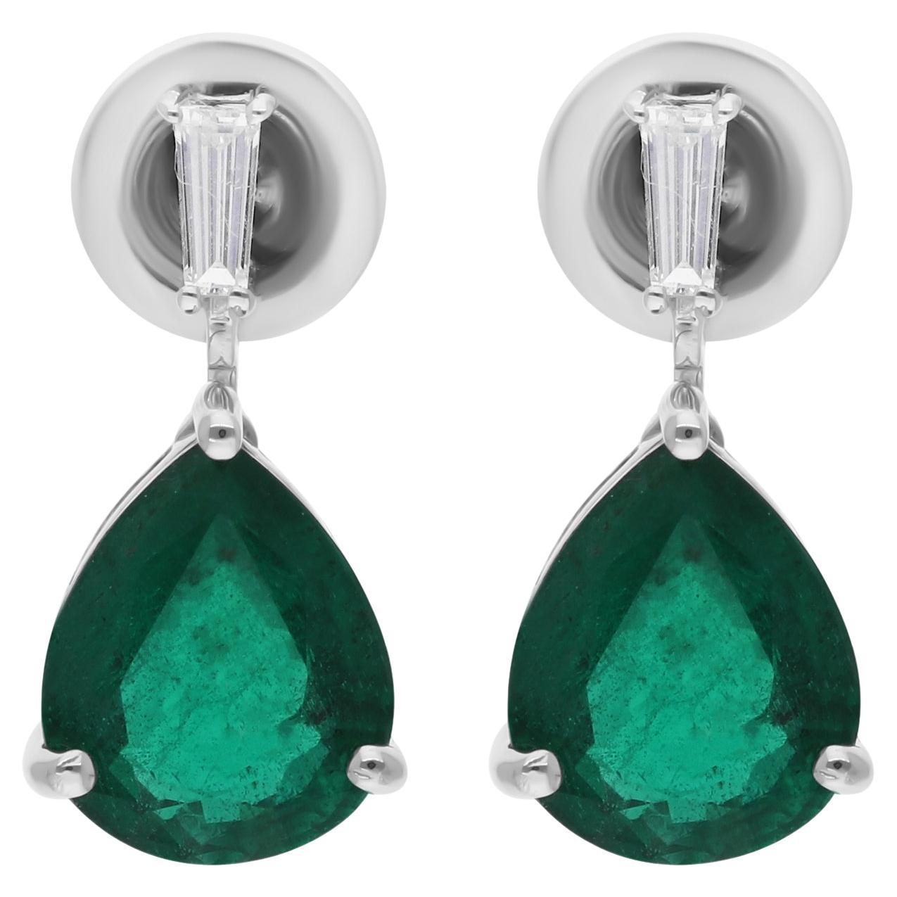 Zambian Emerald Gemstone Earrings Baguette Diamond 14 Karat White Gold Jewelry For Sale