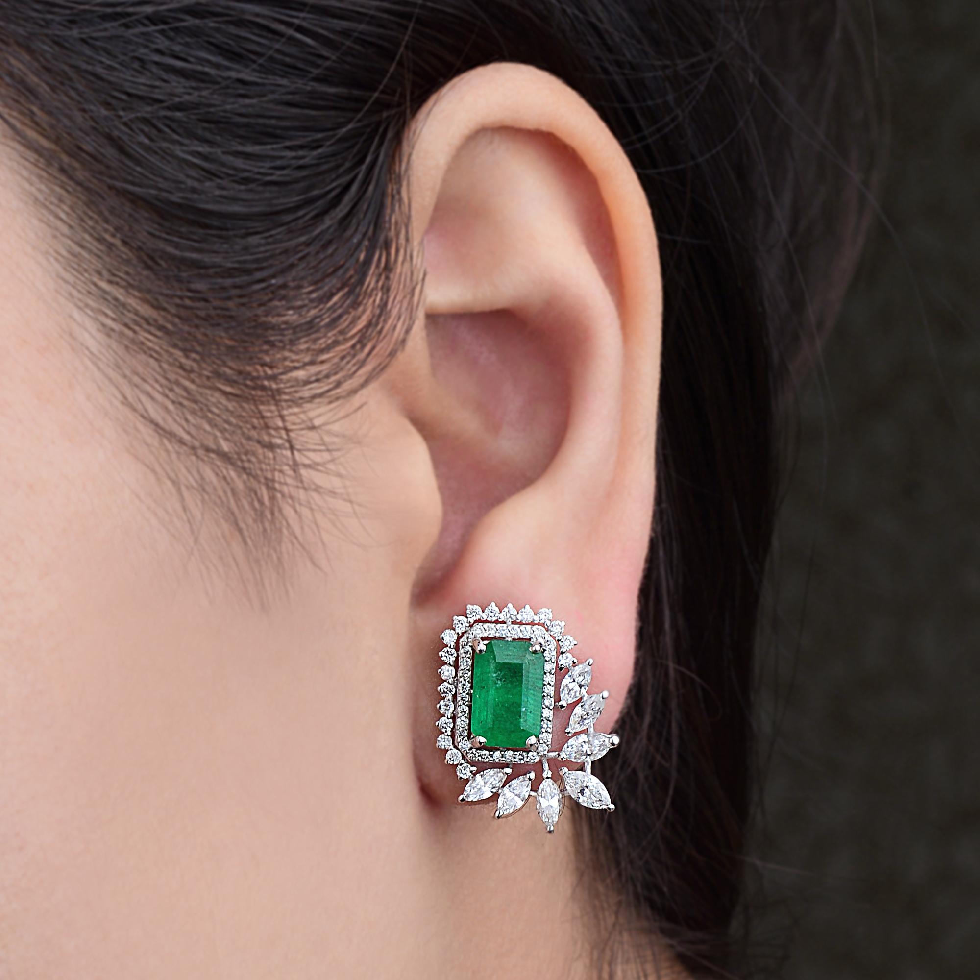 Modern Zambian Emerald Gemstone Earrings Diamond 14 Karat White Gold Handmade Jewelry For Sale