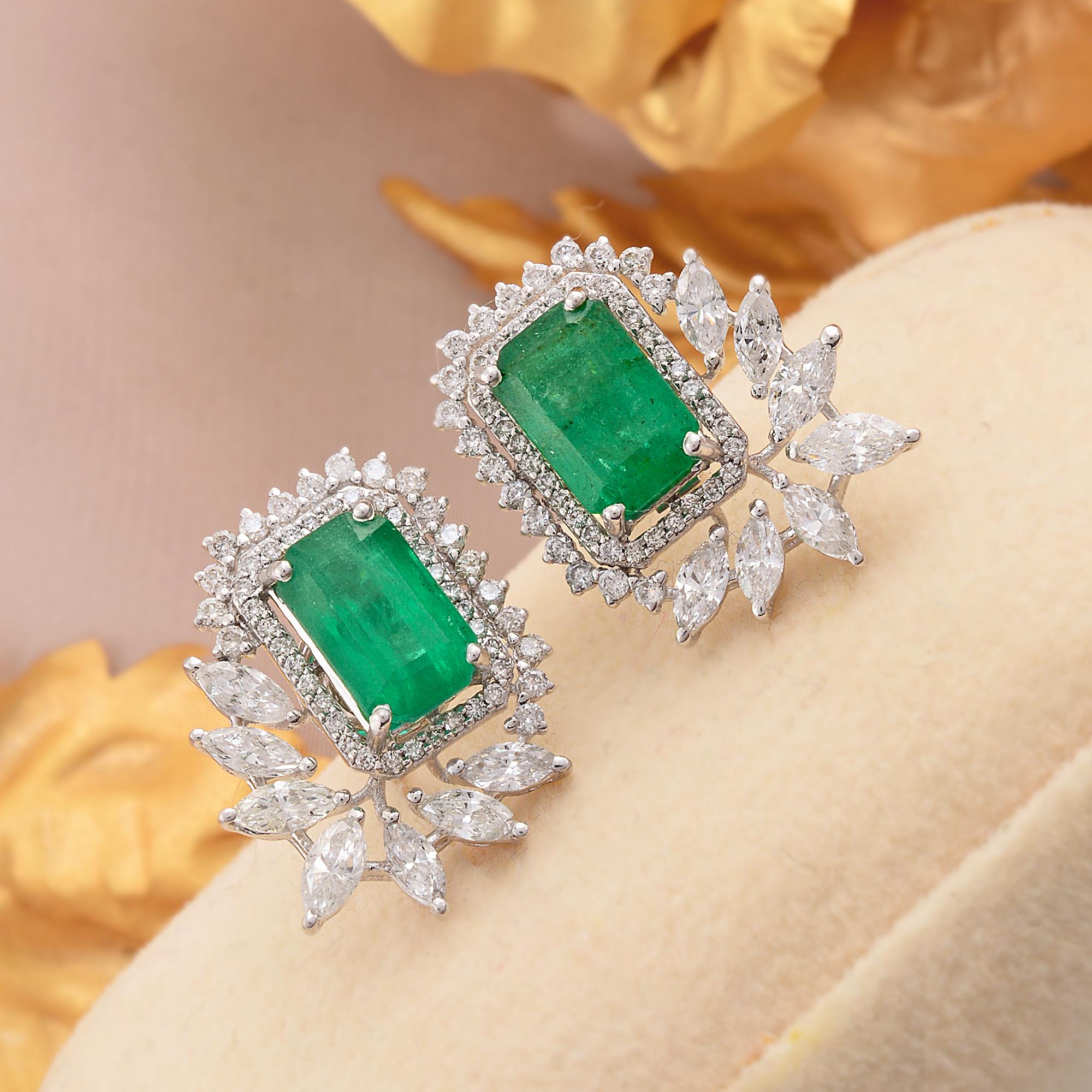 Emerald Cut Zambian Emerald Gemstone Earrings Diamond 14 Karat White Gold Handmade Jewelry For Sale