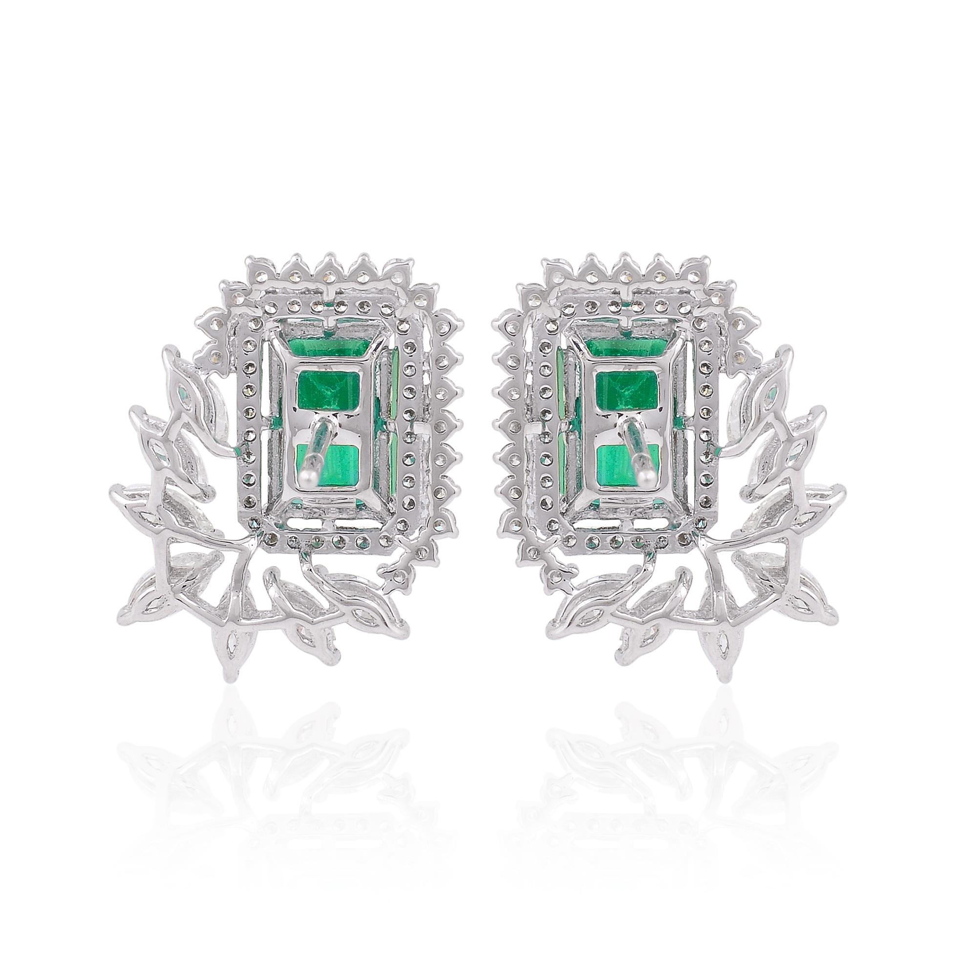 Women's Zambian Emerald Gemstone Earrings Diamond 14 Karat White Gold Handmade Jewelry For Sale