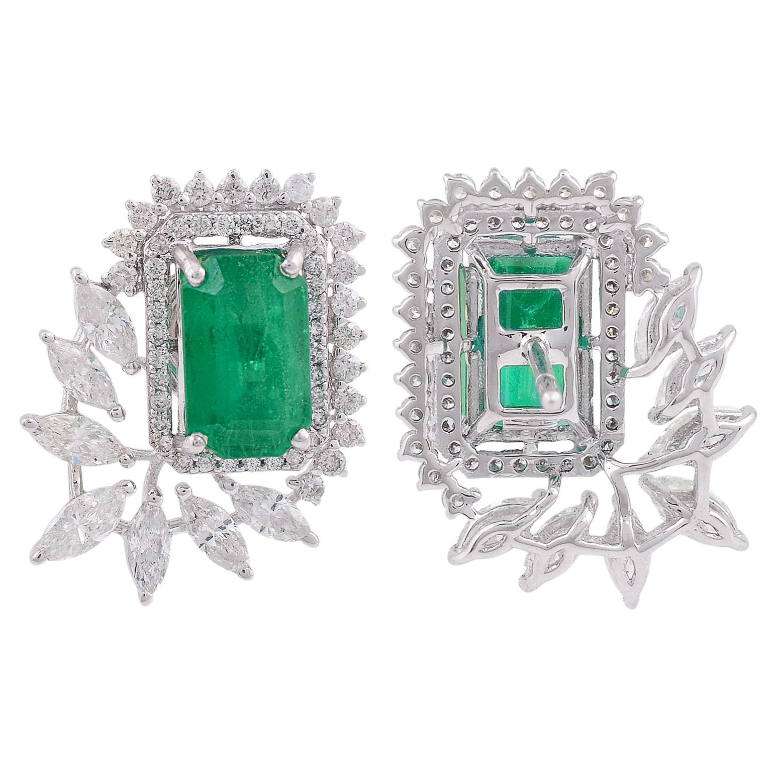 Zambian Emerald Gemstone Earrings Diamond 14 Karat White Gold Handmade Jewelry