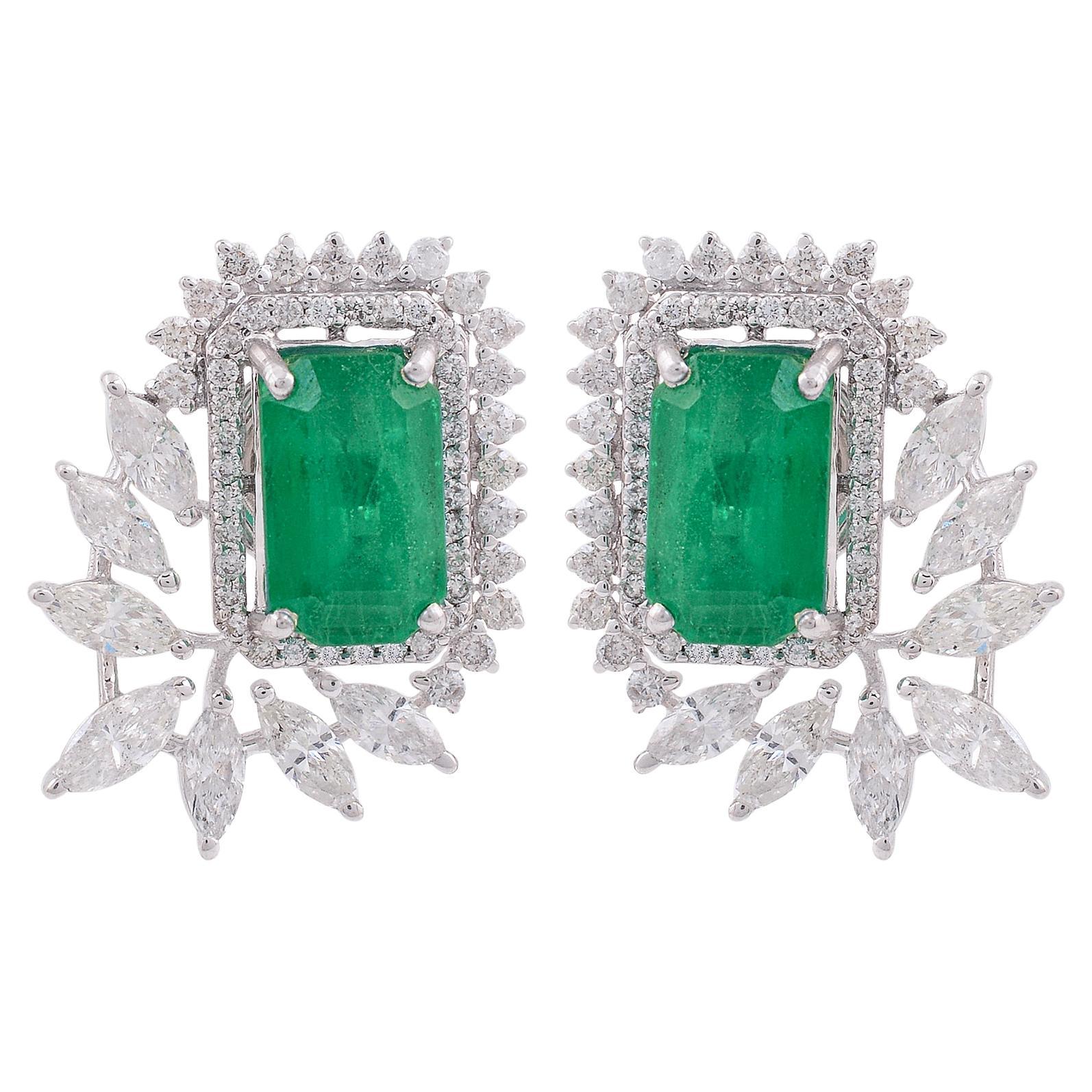 Zambian Emerald Gemstone Earrings Diamond 14 Karat White Gold Handmade Jewelry