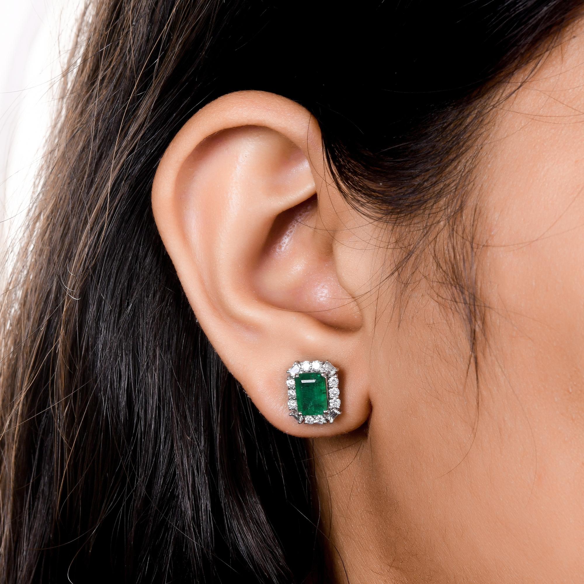 Emerald Cut Zambian Emerald Gemstone Earrings Diamond 18 Karat White Gold Handmade Jewelry