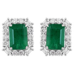 Zambian Emerald Gemstone Earrings Diamond 18 Karat White Gold Handmade Jewelry