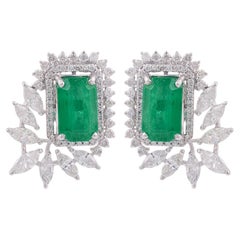 Zambian Emerald Gemstone Earrings Diamond 18 Karat White Gold Handmade Jewelry