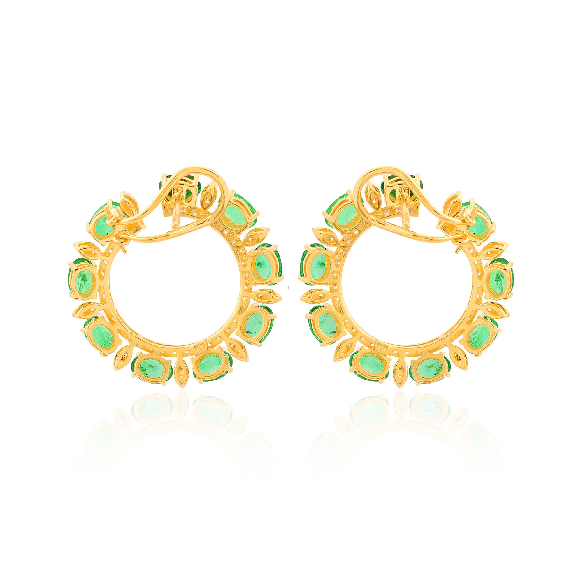 Oval Cut Zambian Emerald Gemstone Earrings Diamond 18 Karat Yellow Gold Handmade Jewelry For Sale