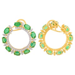 Zambian Emerald Gemstone Earrings Diamond 18 Karat Yellow Gold Handmade Jewelry