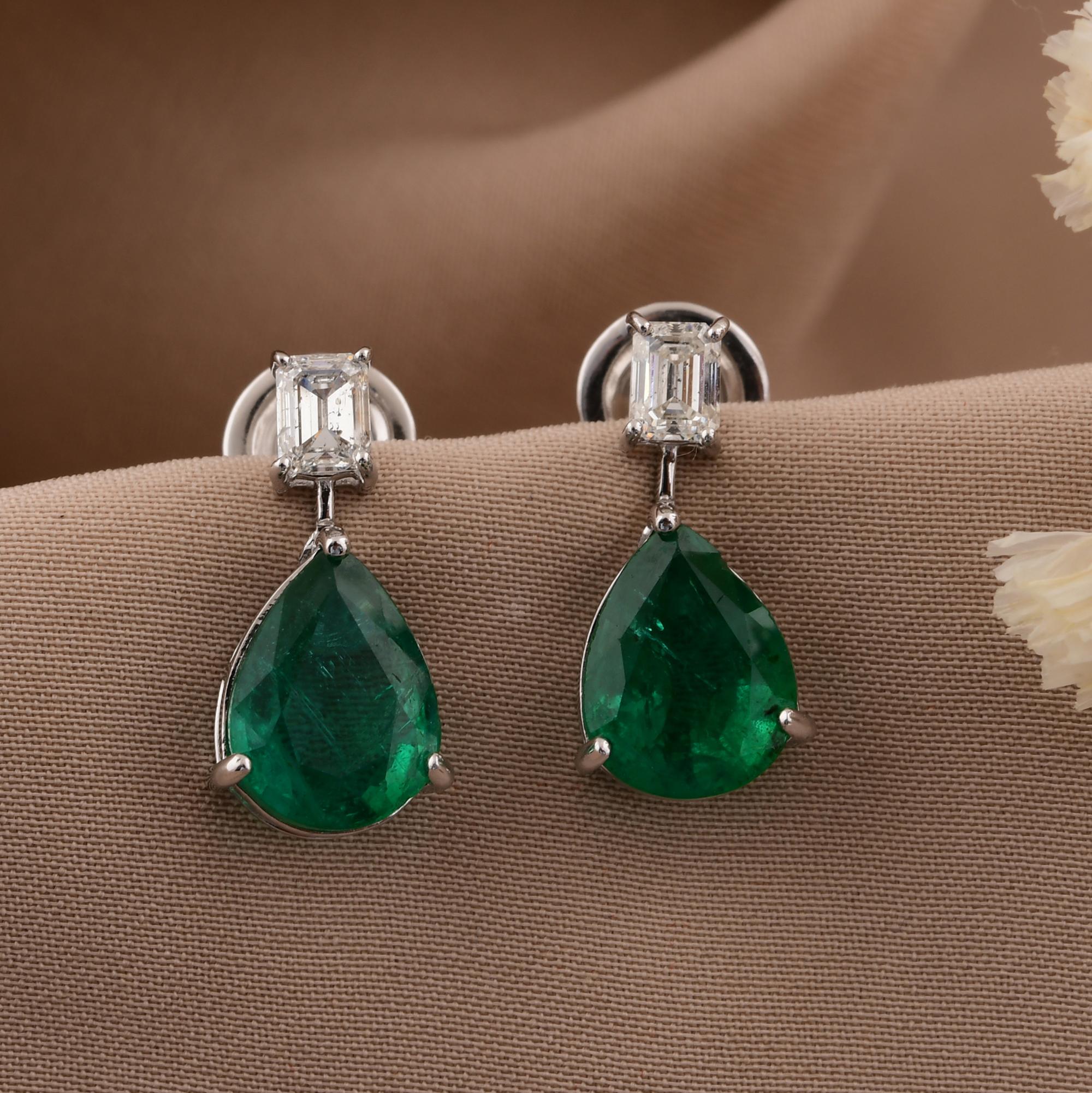 Pear Cut Zambian Emerald Gemstone Earrings Emerald Cut Diamond 14k White Gold Jewelry For Sale